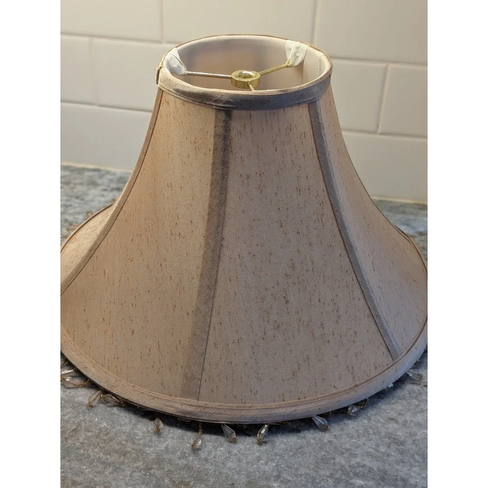 Bell Lamp Shade Beige Fabric Crystal Beaded Trim Empire Style
